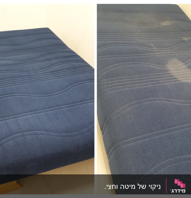 ספה כחולה עם כתמים לפני ואחרי ניקוי